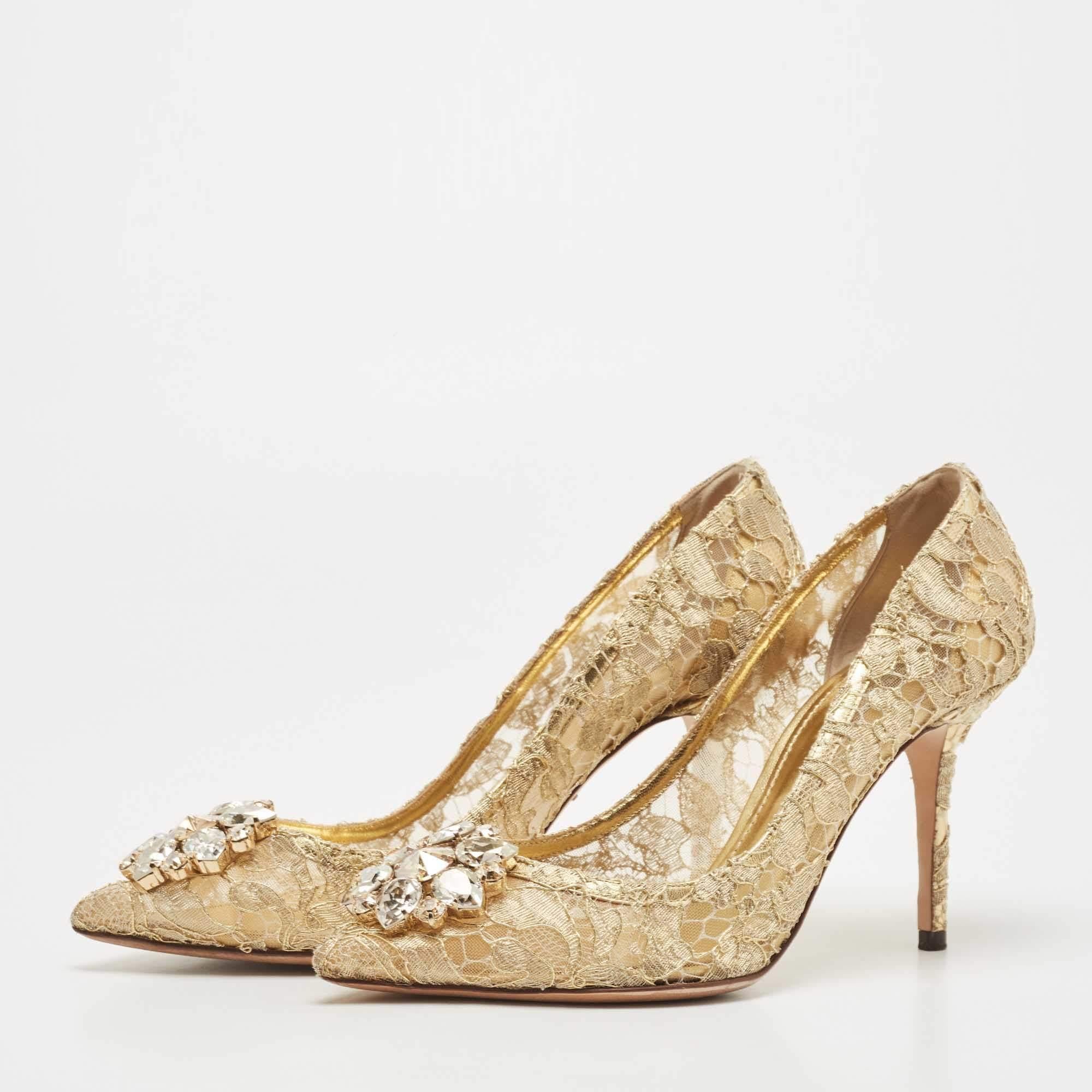 Dolce & Gabbana Gold Lace Bellucci Crystal Embellished Pumps Size 39 3