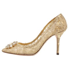 Dolce & Gabbana Gold Lace Bellucci Crystal Embellished Pumps Size 39
