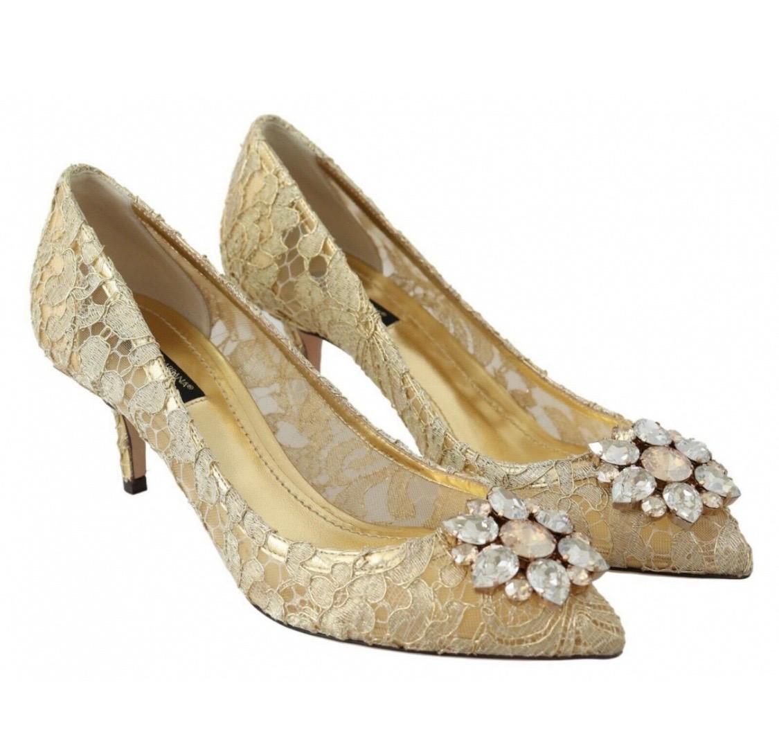 Brown Dolce & Gabbana gold lace cloth shoes heels pumps 