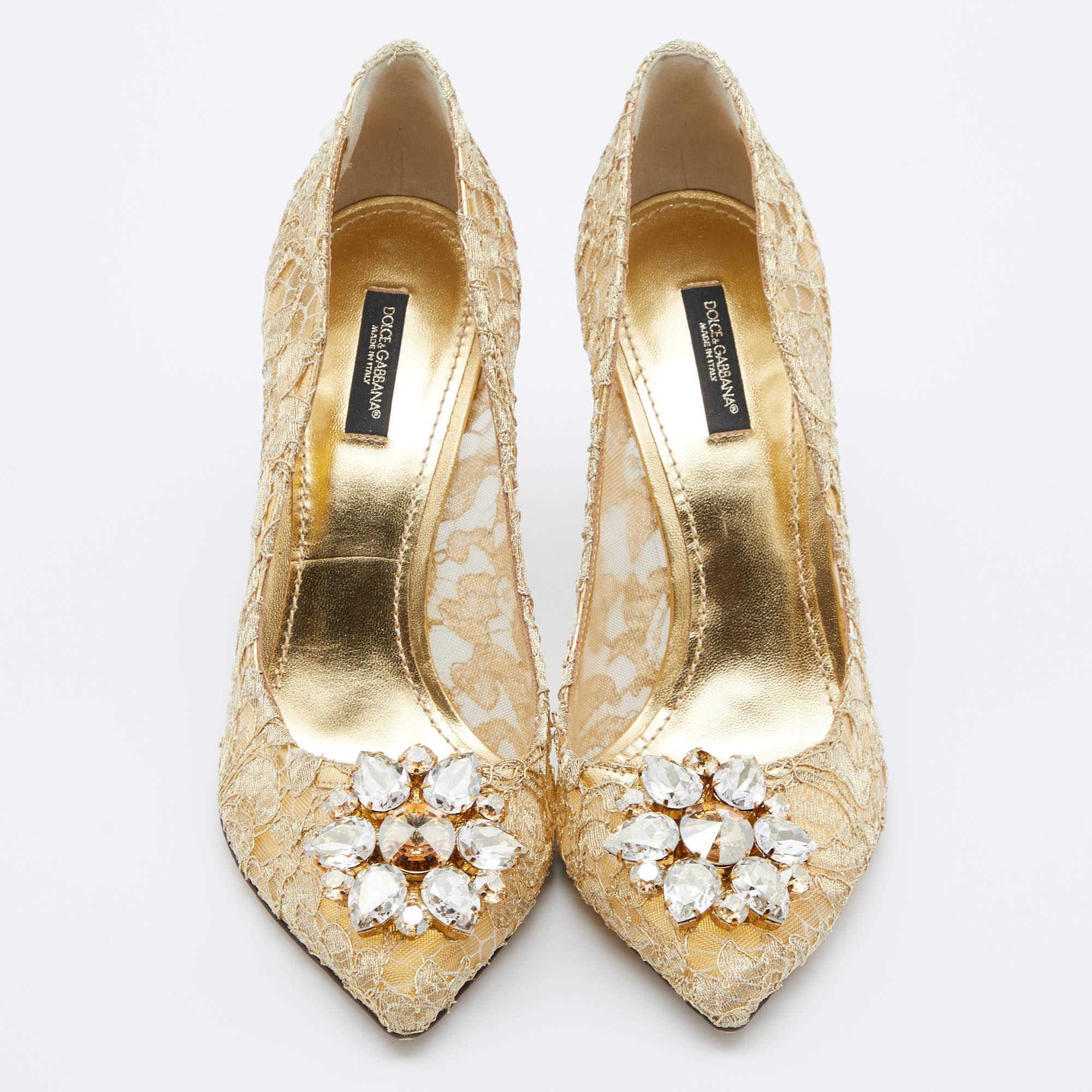 Dolce & Gabbana Gold Lace Crystal Embellished Bellucci Pointed Toe Pumps Size 40 1