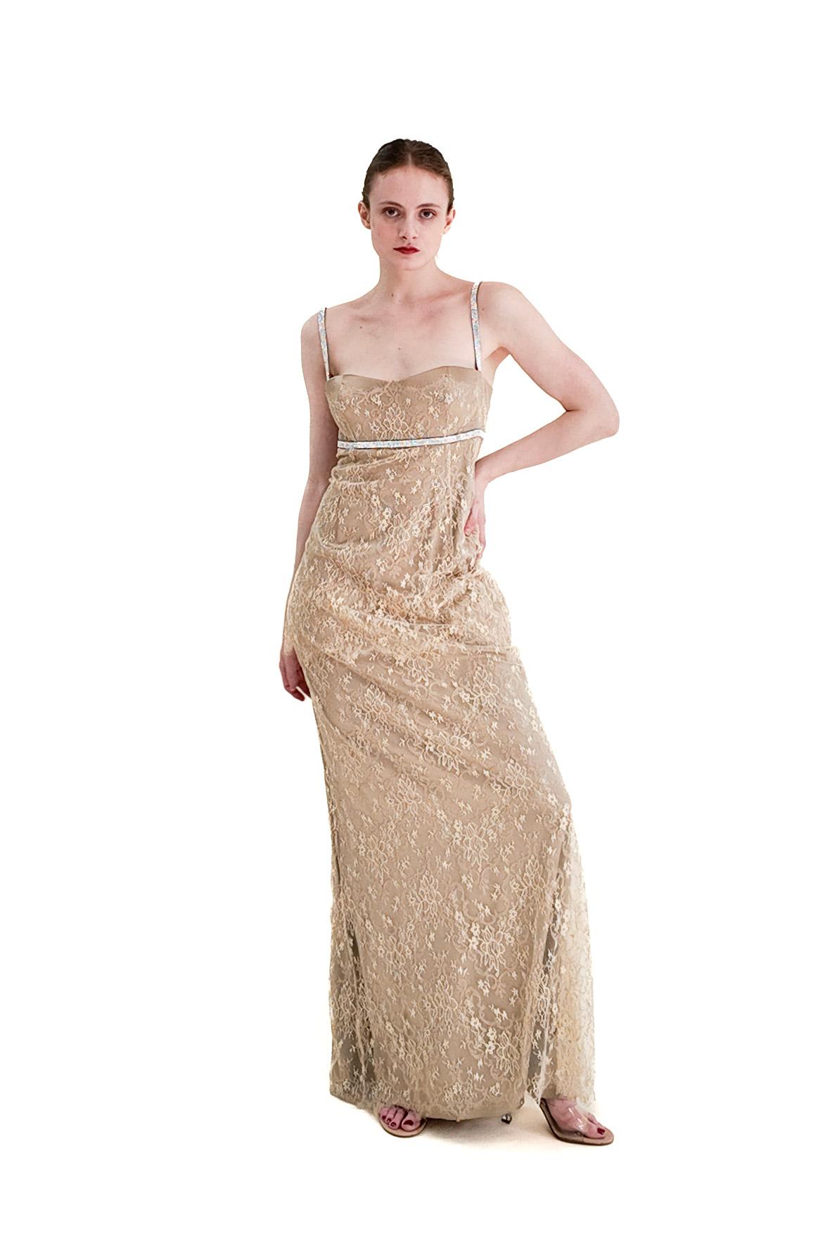 Dolce & Gabbana Gold Lace Dress W Rhinestone Empire Waist In Excellent Condition For Sale In Los Angeles, CA