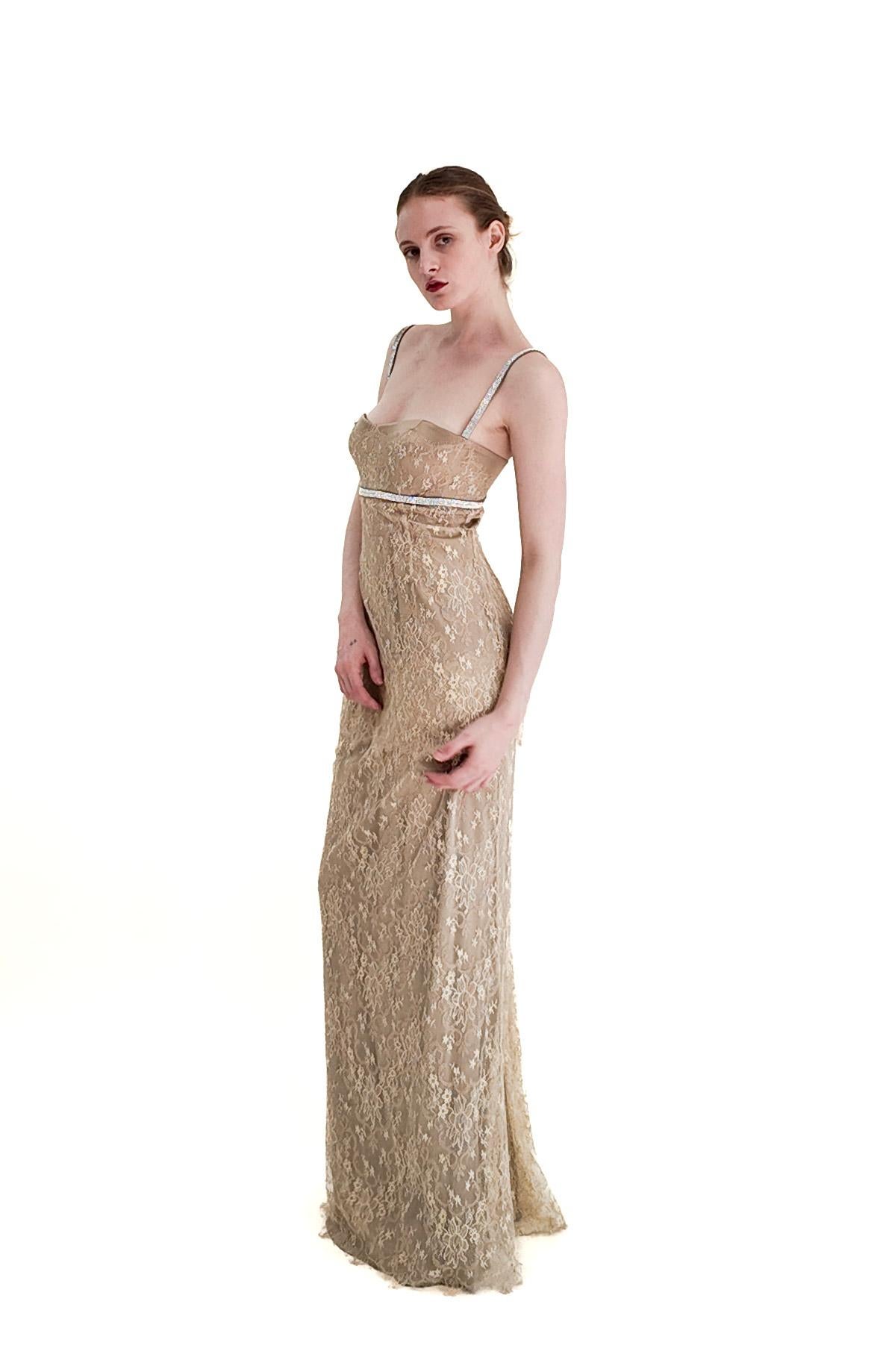 Women's Dolce & Gabbana Gold Lace Dress W Rhinestone Empire Waist For Sale