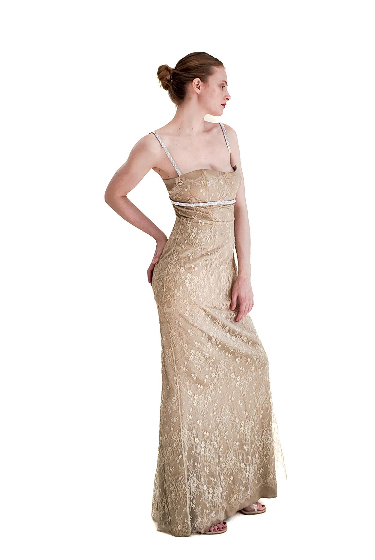 Dolce & Gabbana Gold Lace Dress W Rhinestone Empire Waist For Sale 2