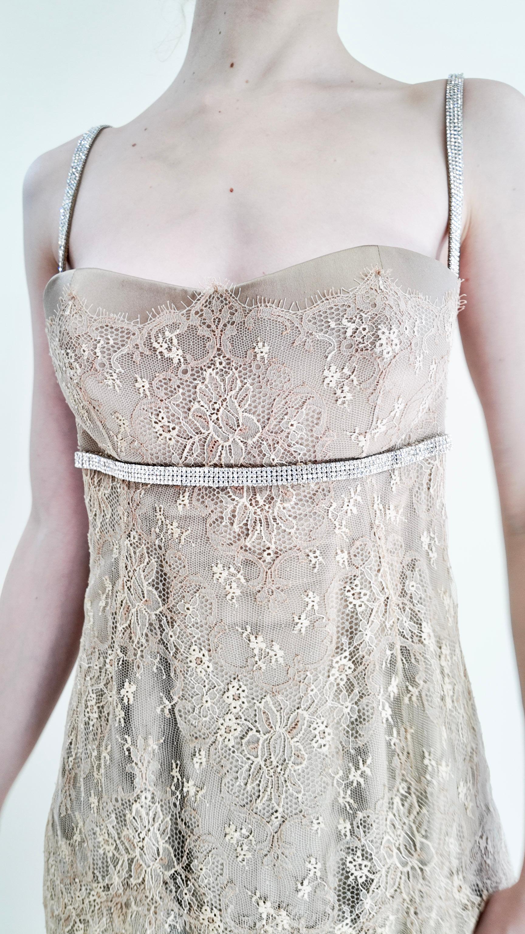 Dolce & Gabbana Gold Lace Dress W Rhinestone Empire Waist For Sale 3