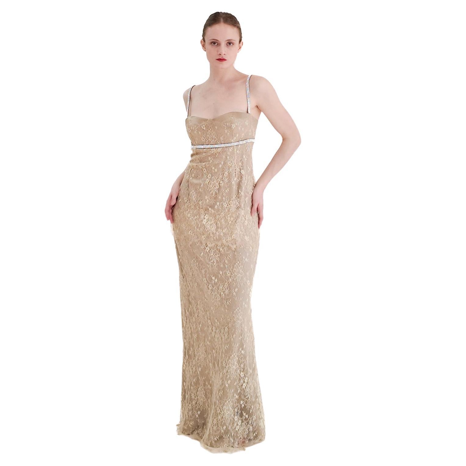 Dolce & Gabbana Gold Lace Dress W Rhinestone Empire Waist For Sale