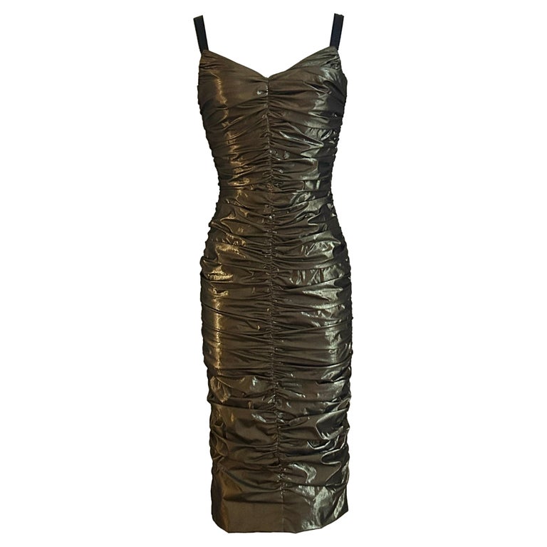 Dolce & Gabbana Gold Lame Ruched Midi Cocktail Dress