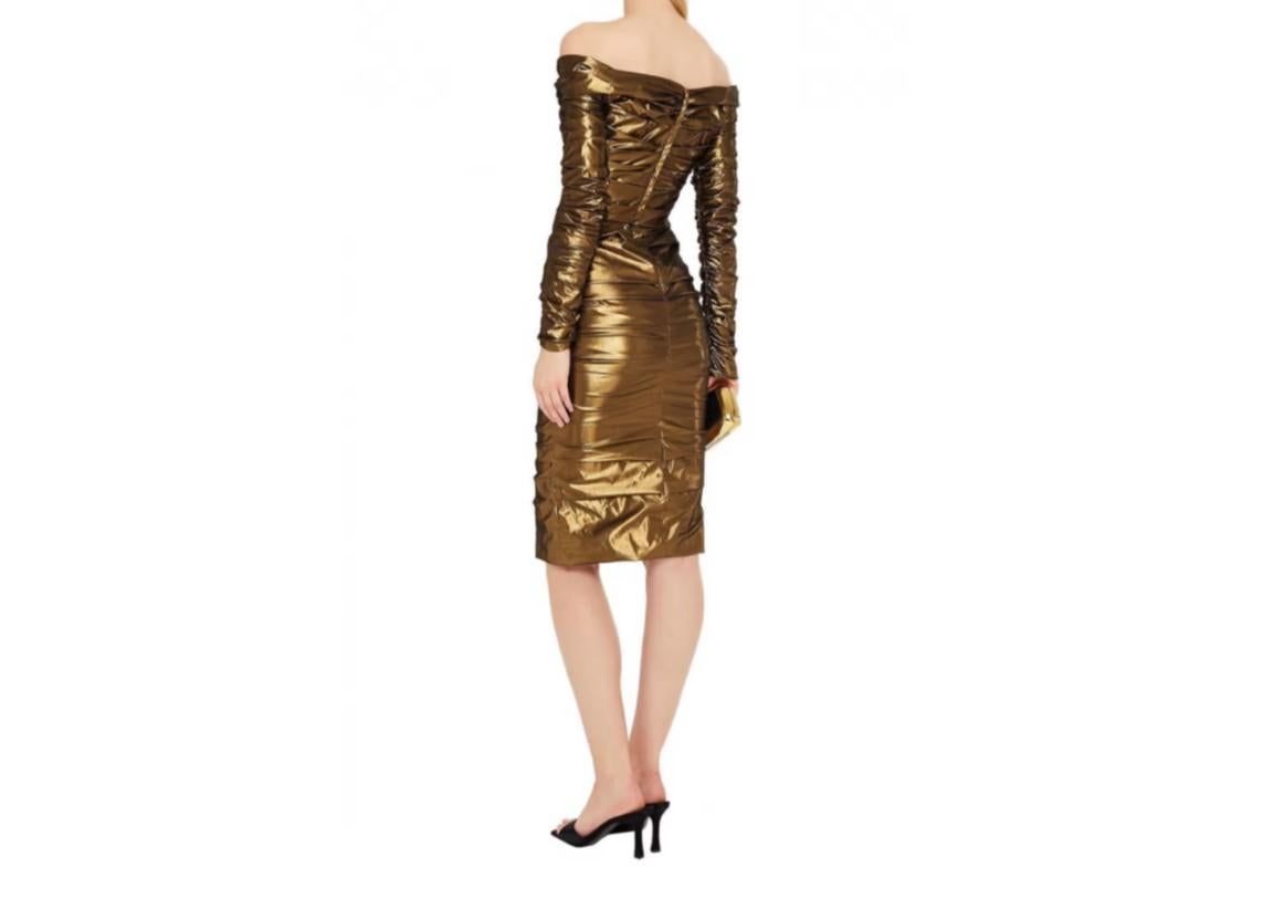 Brown Dolce & Gabbana Gold Lamé Ruched Stretchy Mid-length Dress Midi Party Evening