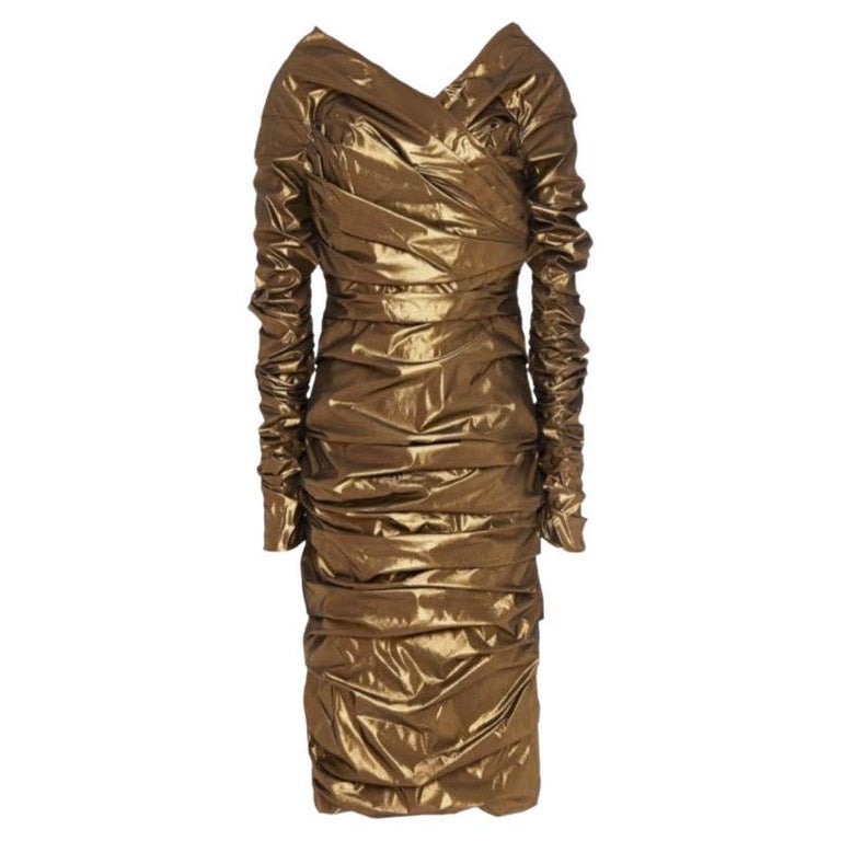Dolce and Gabbana Gold Lamé Ruched Stretchy Mid-length Dress Midi Party ...