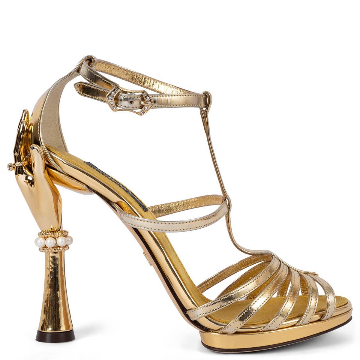 DOLCE & GABBANA gold leather 2018 HAND HEEL Sandals Shoes 36 For Sale