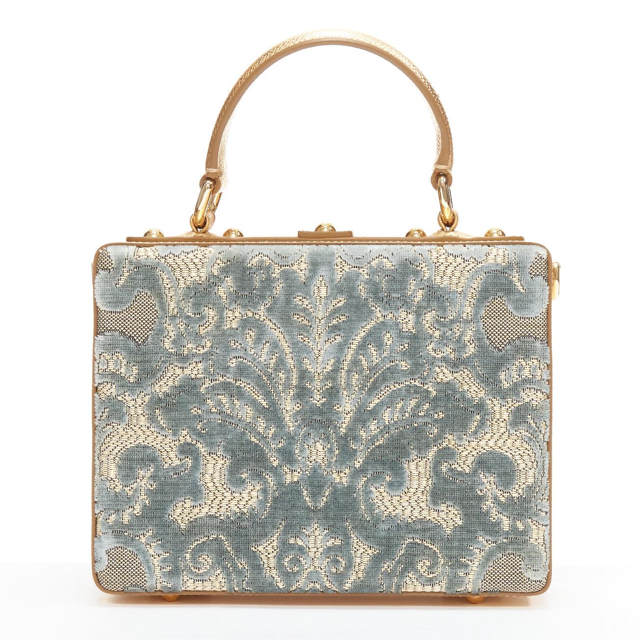 DOLCE GABBANA gold leather 3D pink floral barocco velvet vanity box shoulder bag For Sale 1