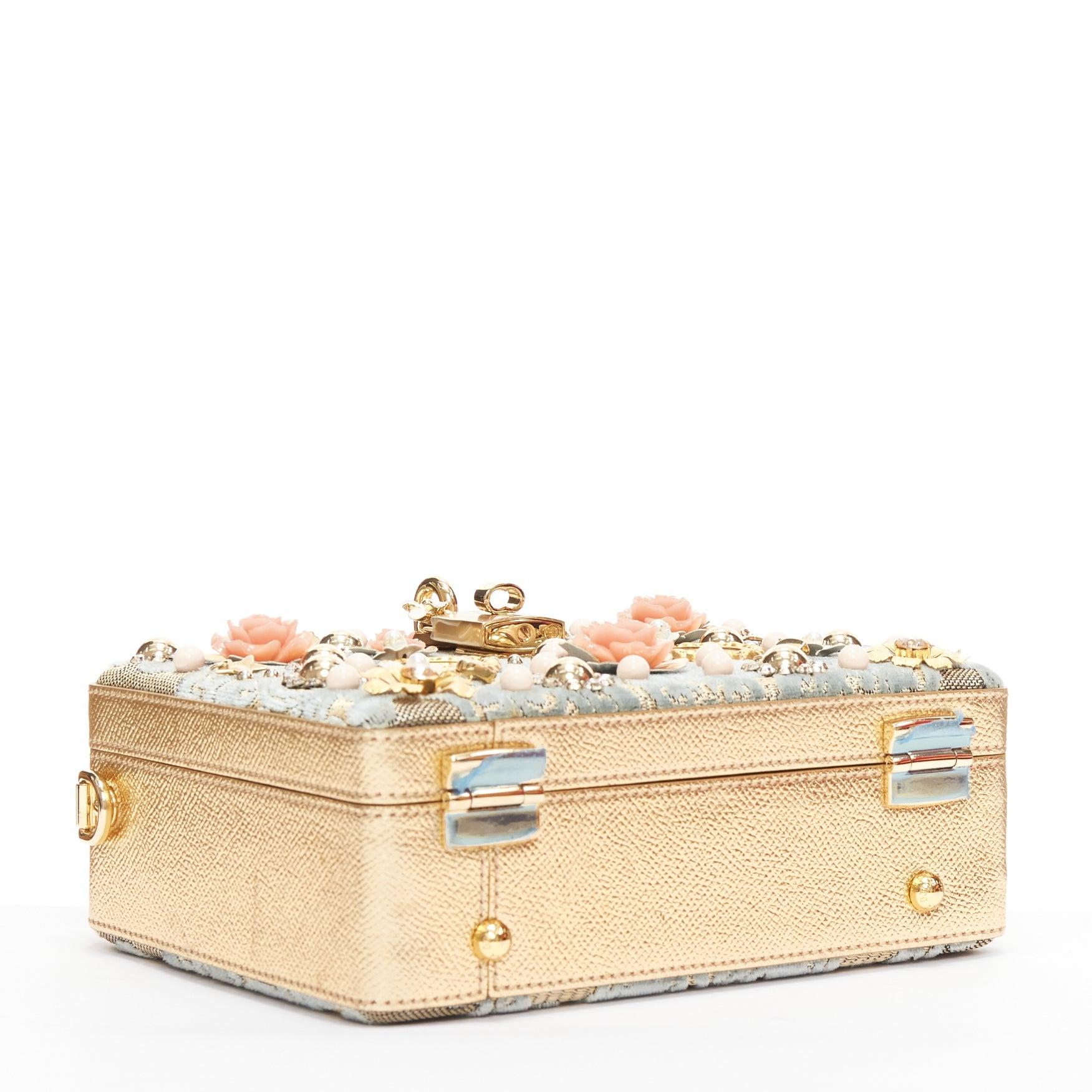 DOLCE GABBANA gold leather 3D pink floral barocco velvet vanity box shoulder bag For Sale 2