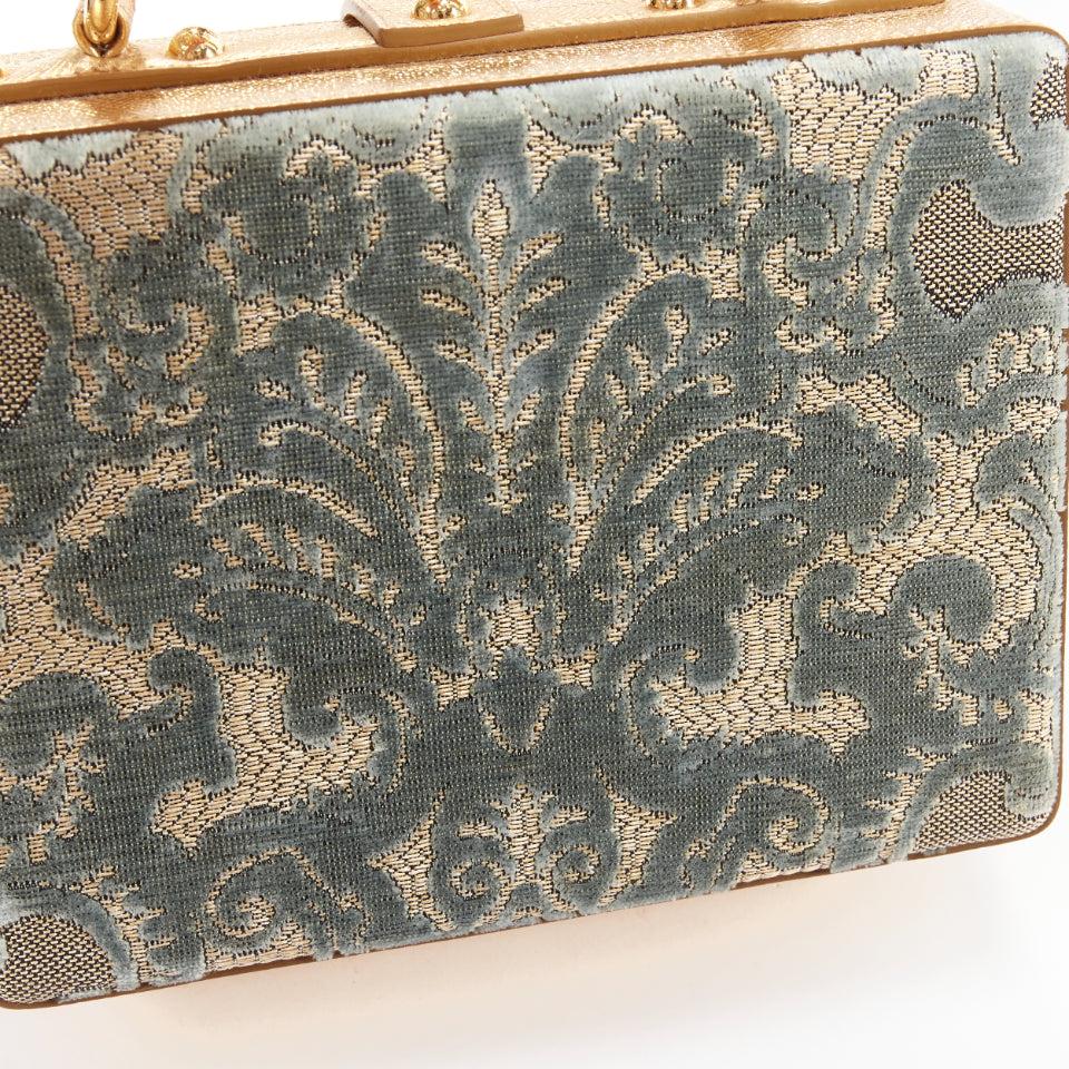 DOLCE GABBANA gold leather 3D pink floral barocco velvet vanity box shoulder bag For Sale 4