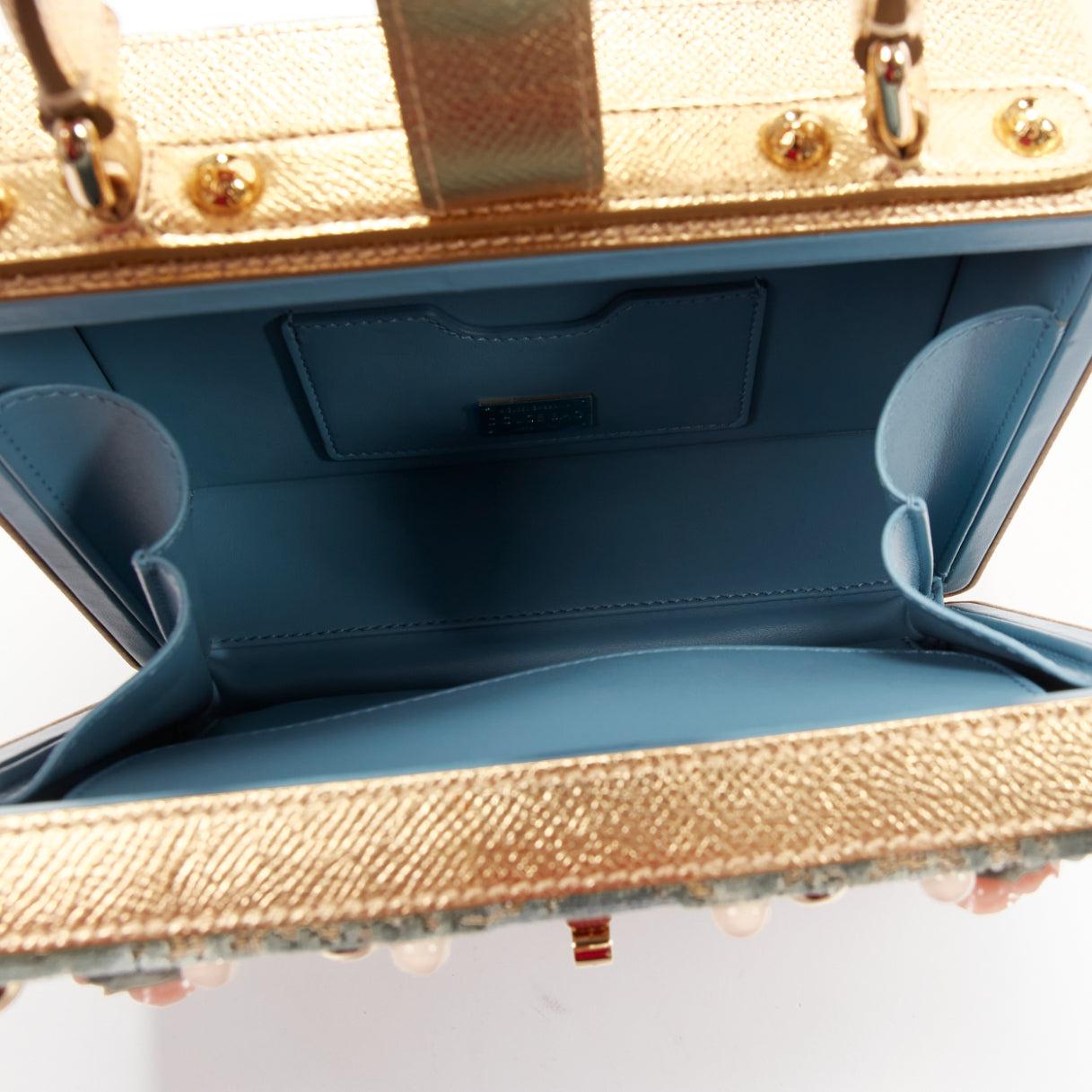 DOLCE GABBANA gold leather 3D pink floral barocco velvet vanity box shoulder bag For Sale 5