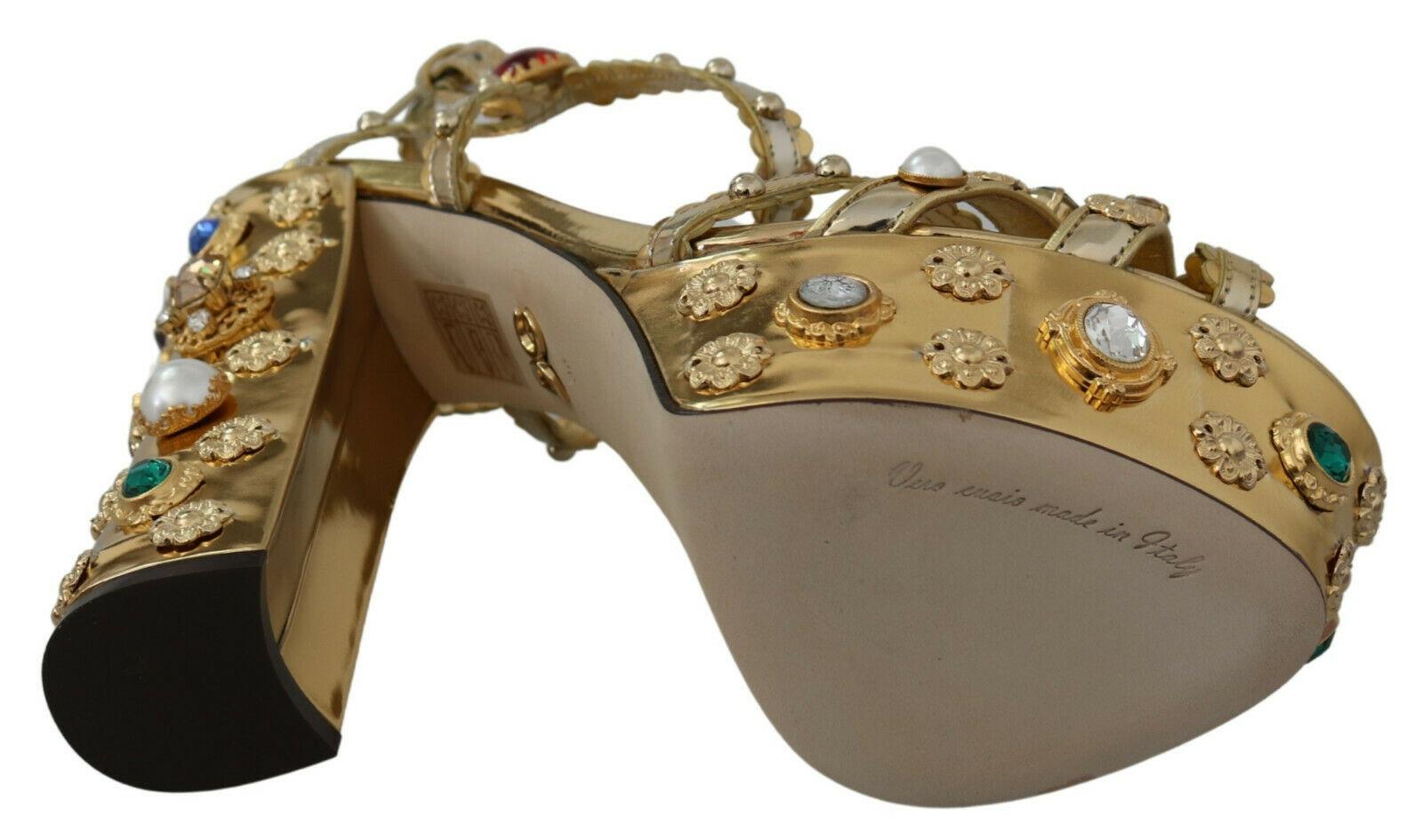 Brown Dolce & Gabbana Gold Leather Ankle Strap Sandals Multicolor Crystal Heels Pumps
