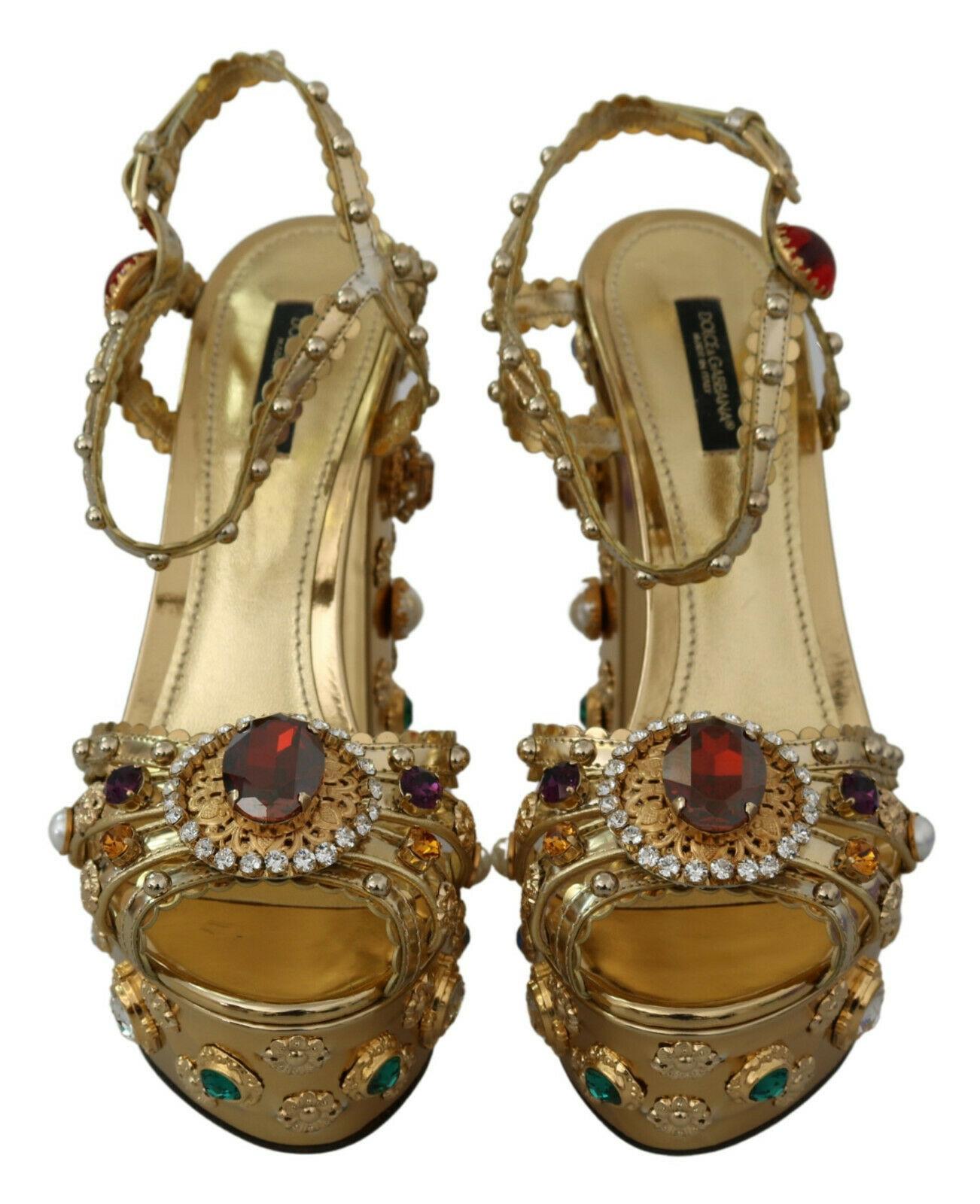 Dolce & Gabbana Gold Leather Ankle Strap Sandals Multicolor Crystal Heels Pumps 1