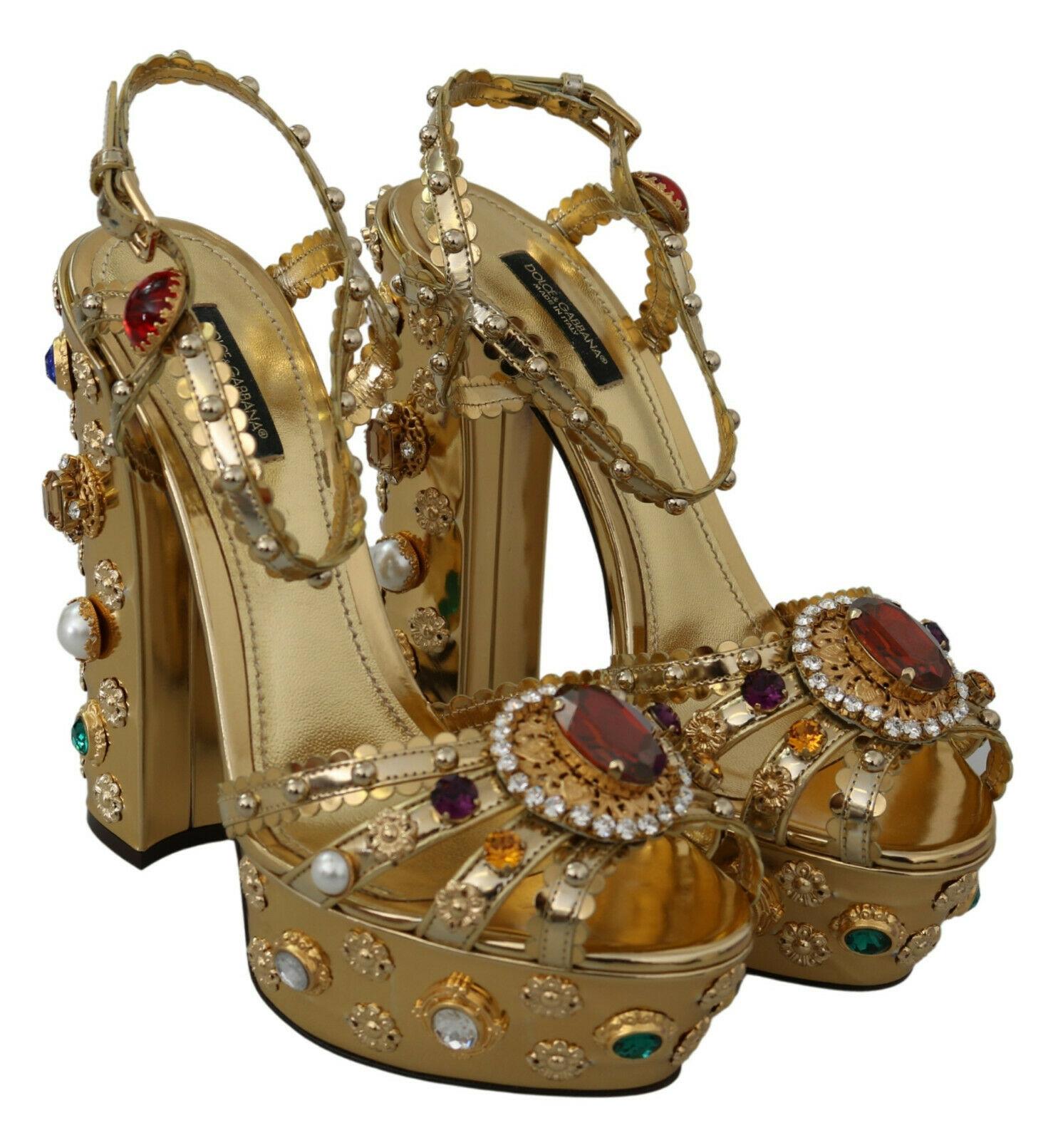 Dolce & Gabbana Gold Leather Ankle Strap Sandals Multicolor Crystal Heels Pumps 2