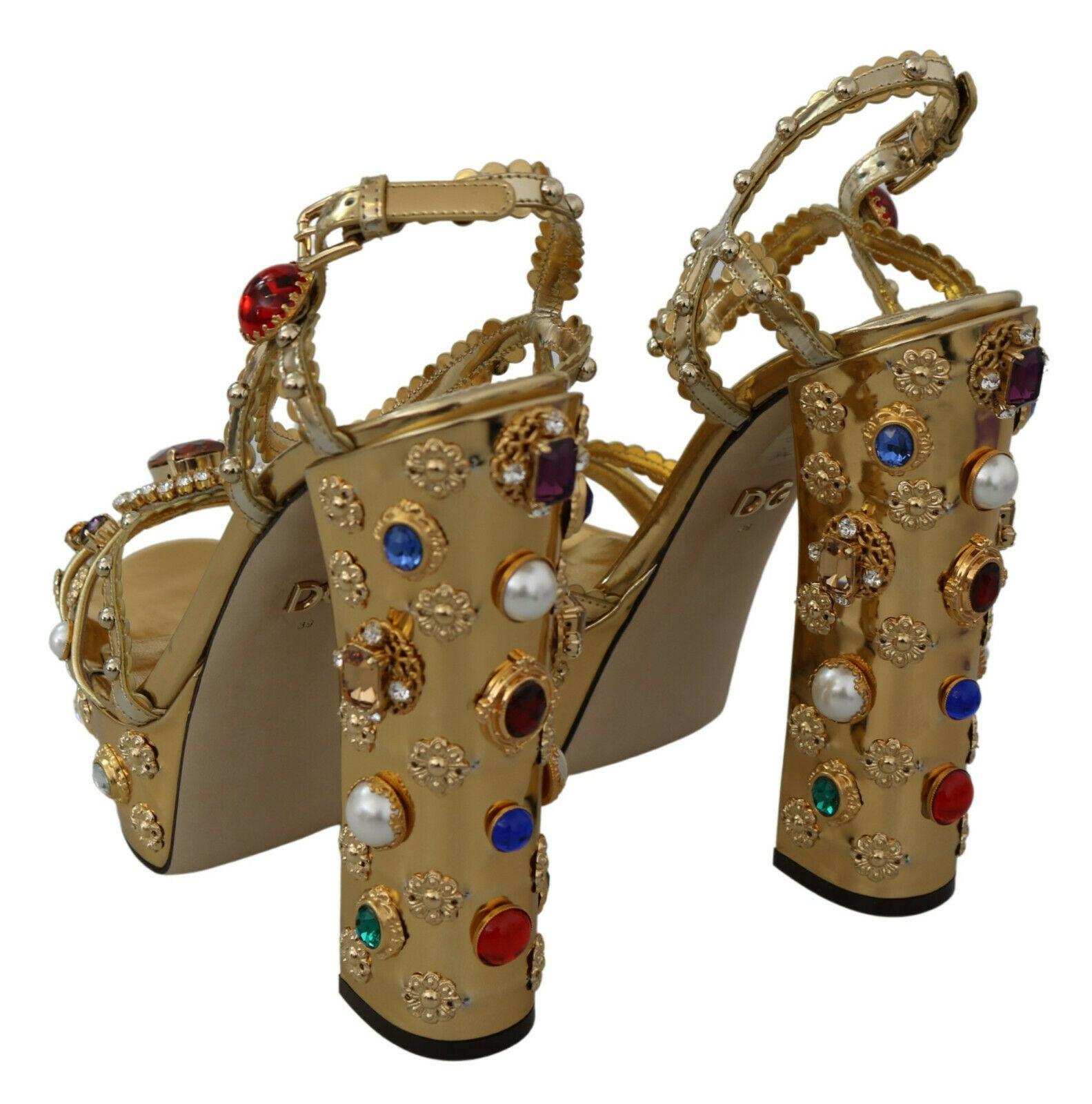 Dolce & Gabbana Gold Leather Ankle Strap Sandals Multicolor Crystal Heels Pumps 3