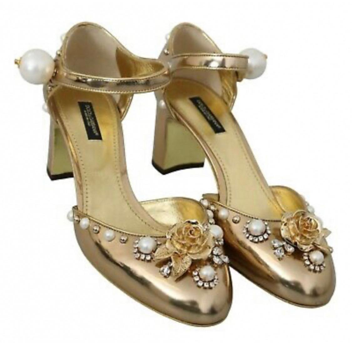 Dolce & Gabbana gold leather ankle strap sandals shoes heels  7
