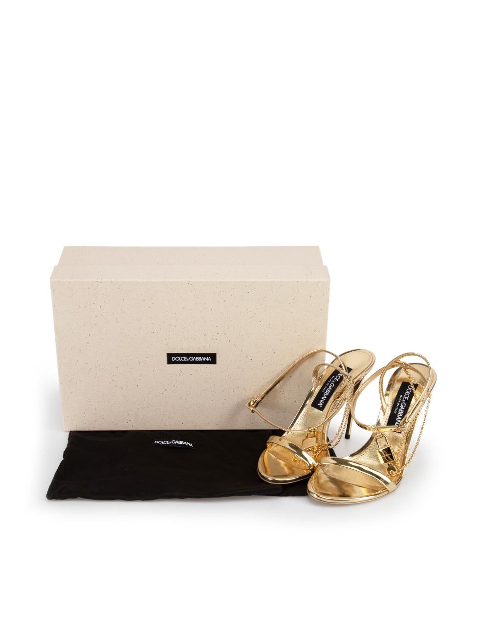 Dolce & Gabbana Gold Leather Chain Lock Keira Sandals Size IT 38.5 2