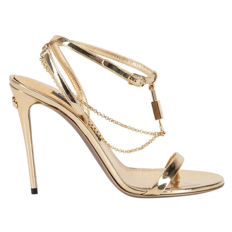 Dolce & Gabbana Gold Leather Chain Lock Keira Sandals Size IT 38.5