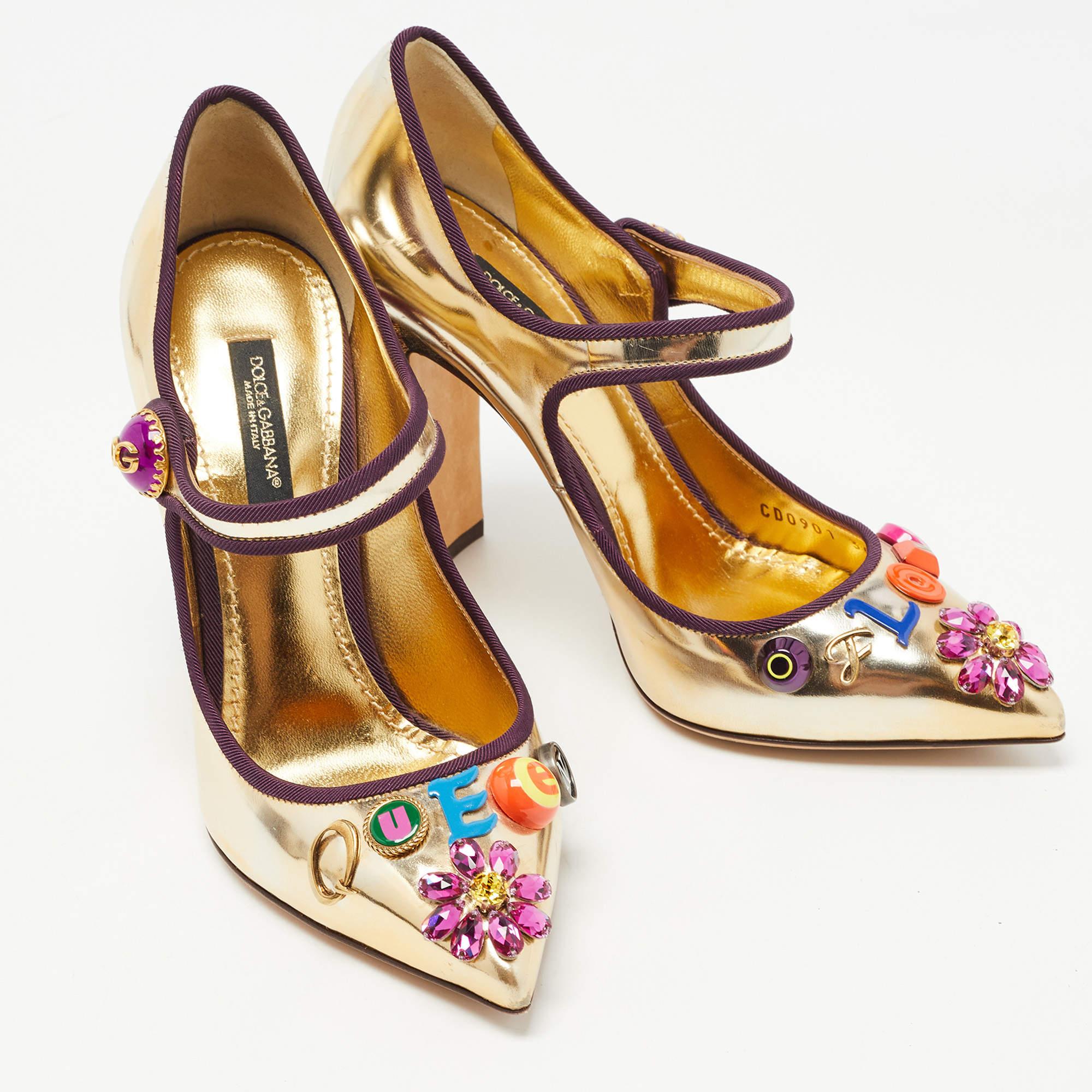 Dolce & Gabbana Gold Leather Embellished Mary Jane Pumps Size 36 In Good Condition In Dubai, Al Qouz 2