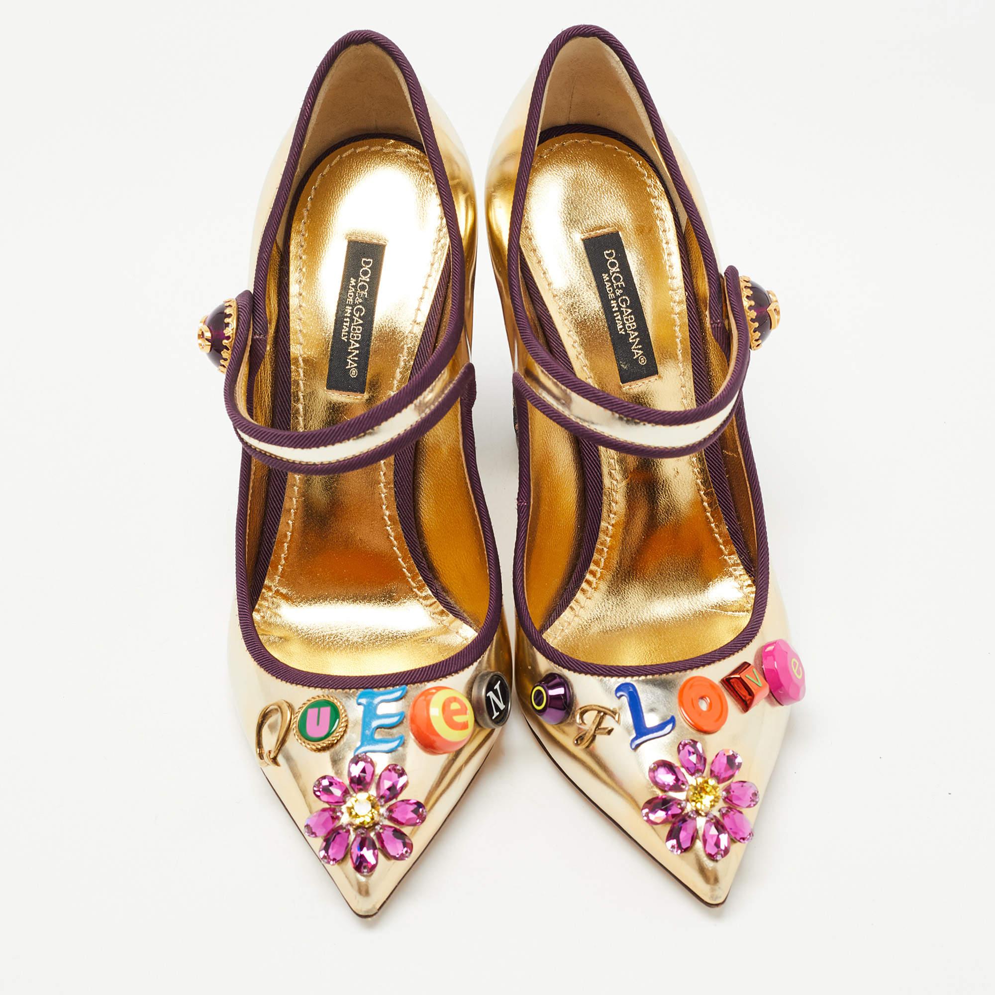 Dolce & Gabbana Gold Leather Embellished Mary Jane Pumps Size 36 2