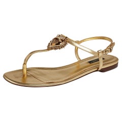 Dolce & Gabbana Gold Leather Logo Plaque T-bar Thong Flats Size 40