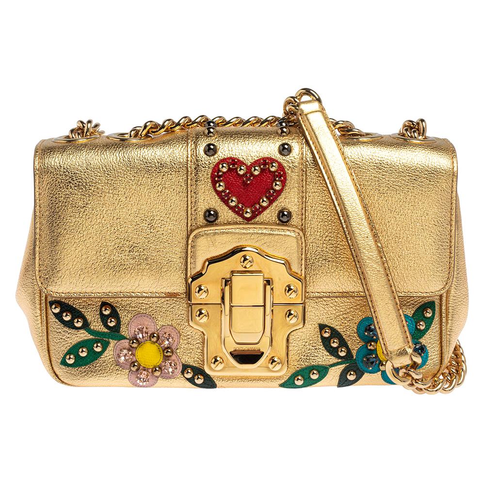 Dolce & Gabbana Gold Leather Lucia Embellished Shoulder Bag