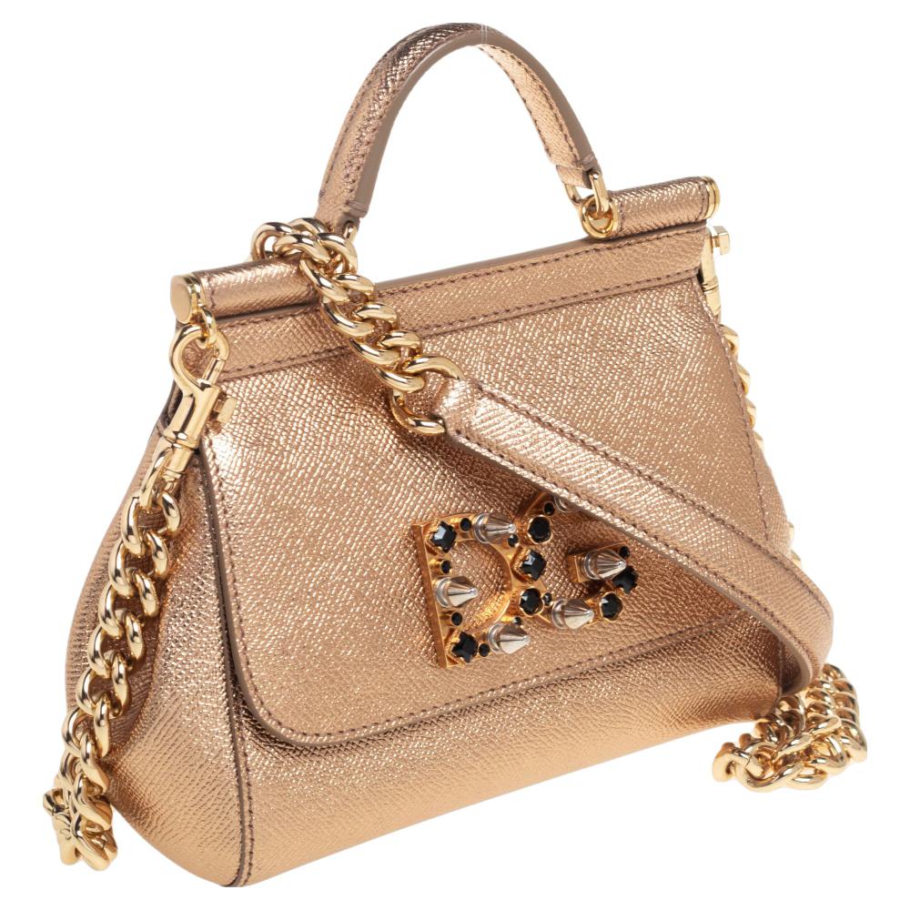 Dolce & Gabbana Gold Leather Mini Miss Sicily Top Handle Bag 4