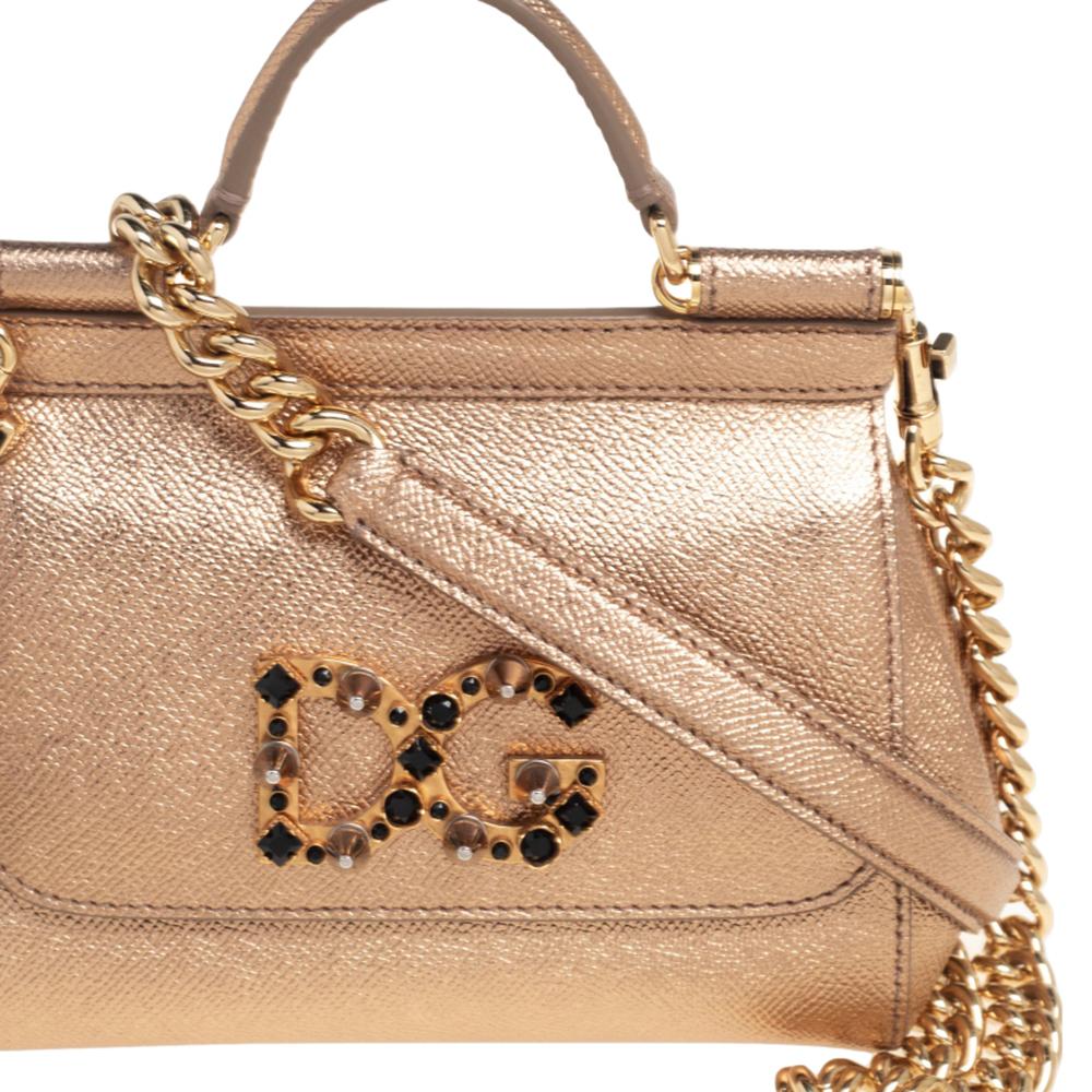 Dolce and Gabbana Gold Leather Mini Miss Sicily Top Handle Bag at