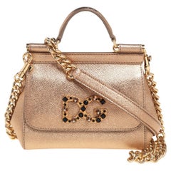 Dolce & Gabbana Gold Leather Mini Miss Sicily Top Handle Bag