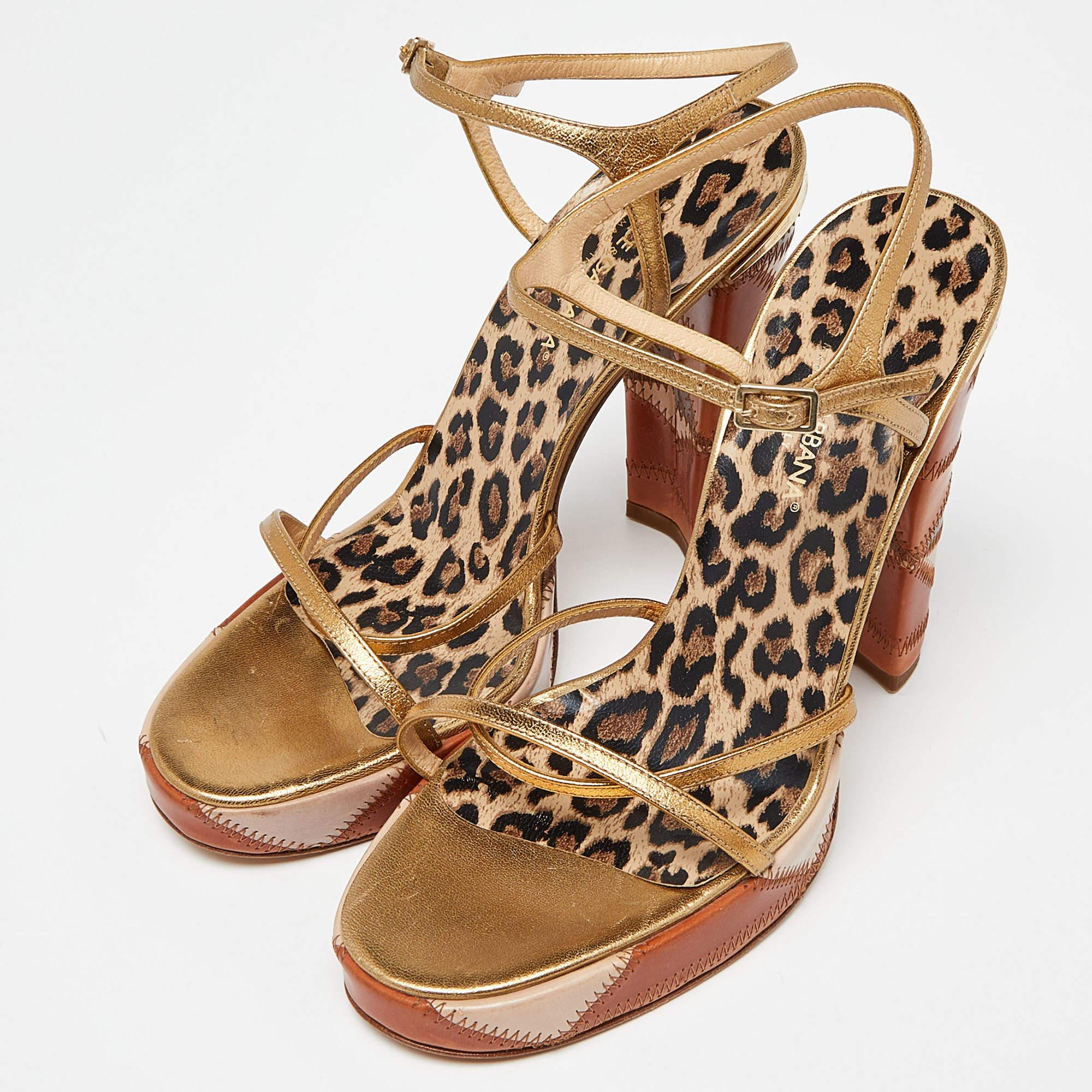Women's Dolce & Gabbana Gold Leather Platform Ankle Strap Sandals Size 38