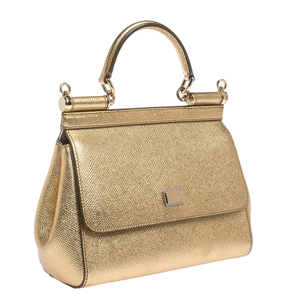 Women's Dolce & Gabbana Gold Leather Small Miss Sicily Top Handle Bag