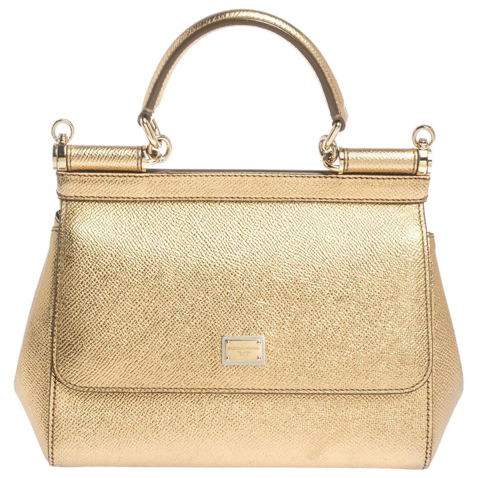 Dolce & Gabbana Gold Leather Small Miss Sicily Top Handle Bag