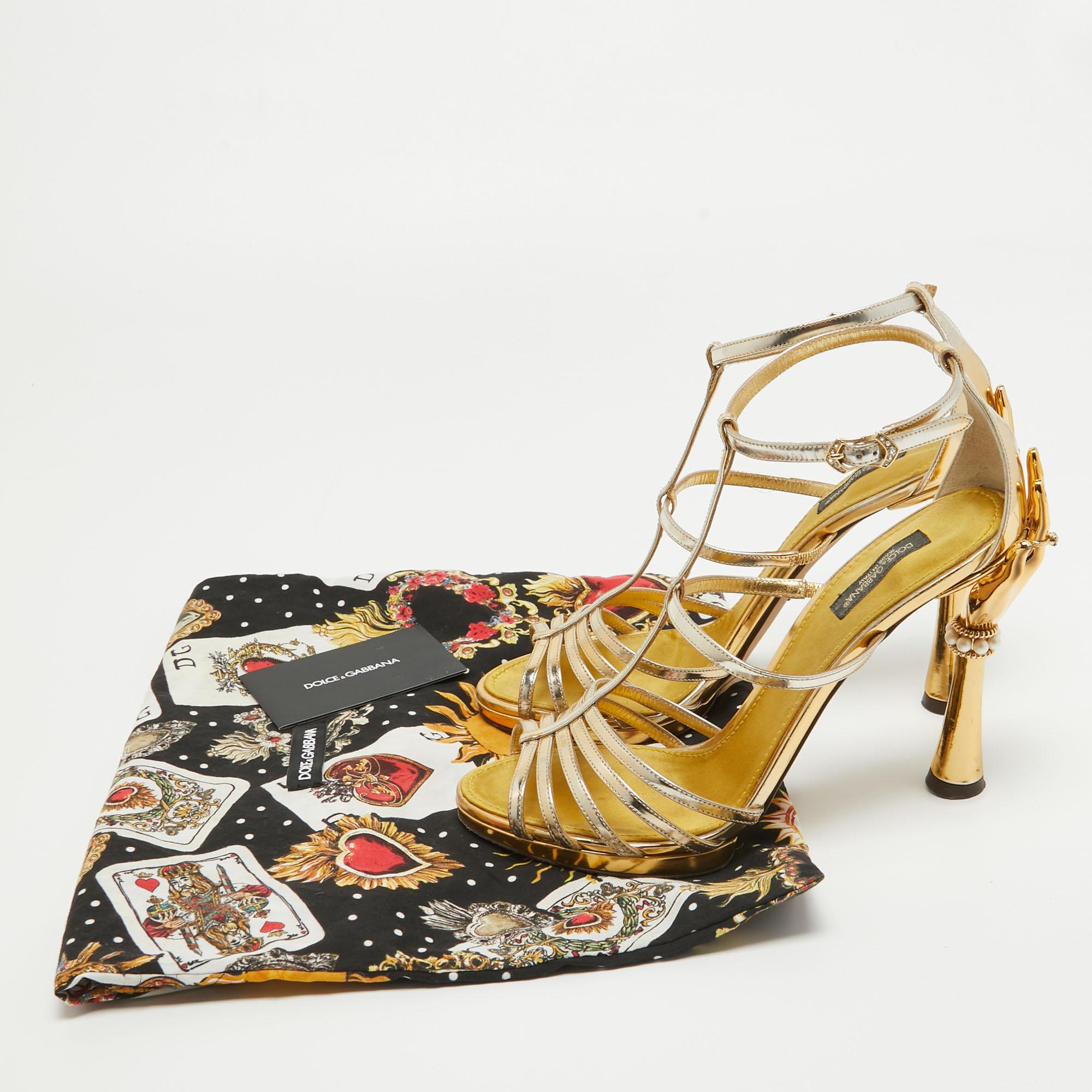 Dolce & Gabbana Gold Leather With Sculpted Ankle Strap Sandals Size 39.5 For Sale 5