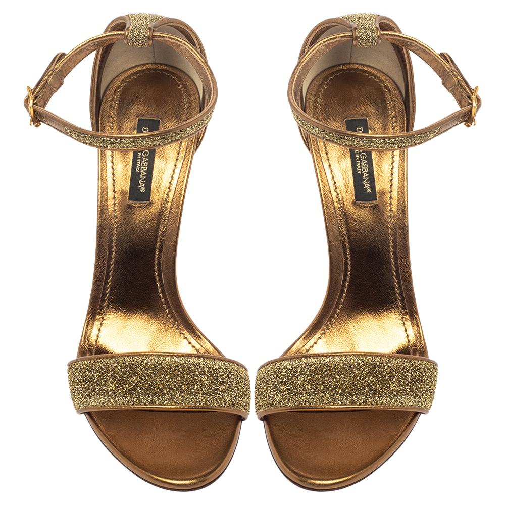 Brown Dolce & Gabbana Gold Lurex Fabric Barocco Sculpture Heel Sandals Size 37
