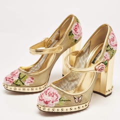 Dolce & Gabbana Gold Mesh and Leather Floral Print Studded Accents Mary Jane Blo