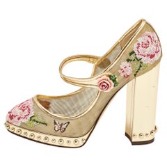Dolce & Gabbana Gold Mesh and Leather Floral Print Studded Accents Mary Jane Blo