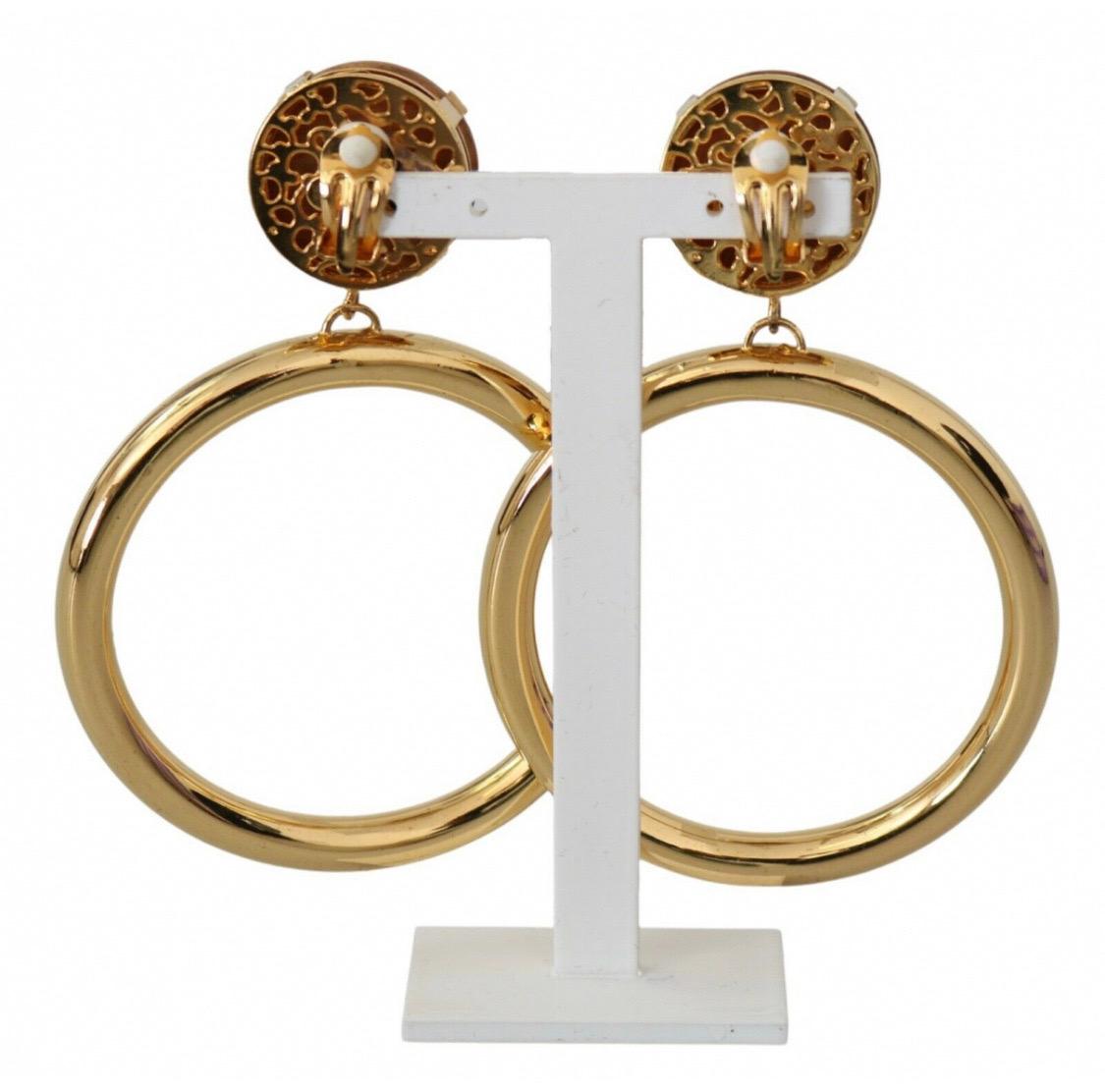 Modern Dolce & Gabbana Gold Metal Bras Hoop Earrings With Wooden Clip On DG Logo