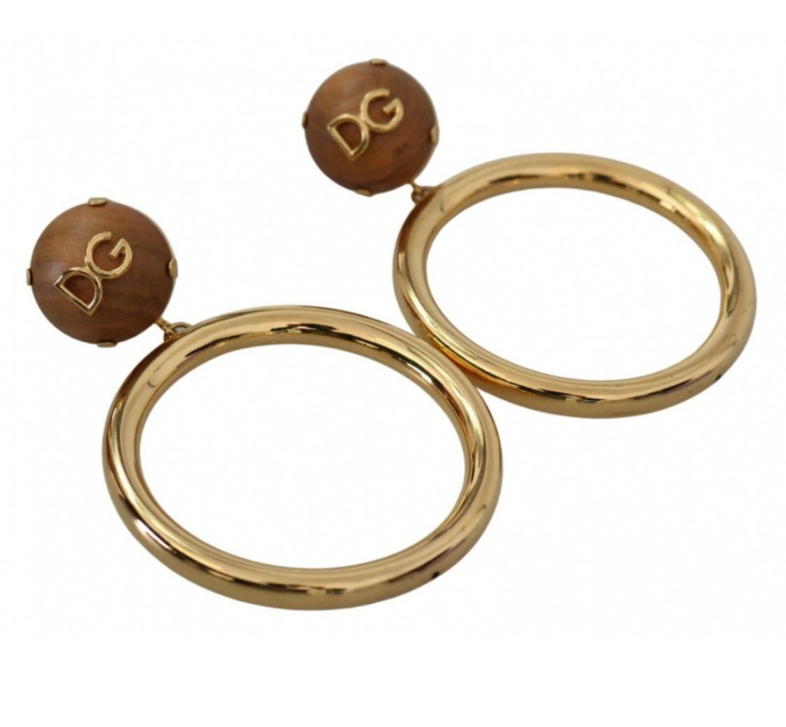 Dolce & Gabbana Gold Metal Bras Hoop Earrings With Wooden Clip On DG Logo In New Condition In WELWYN, GB