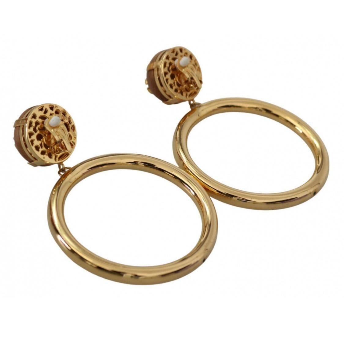 Women's Dolce & Gabbana Gold Metal Bras Hoop Earrings With Wooden Clip On DG Logo