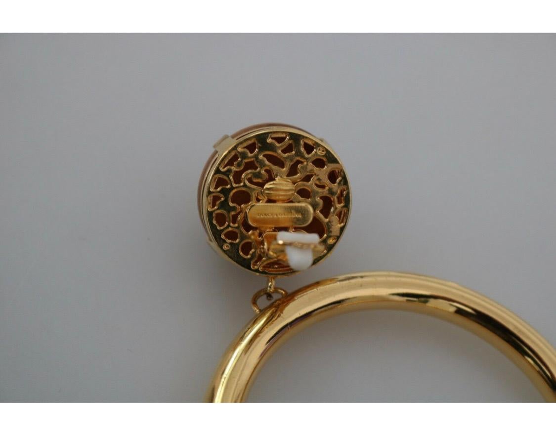 Dolce & Gabbana Gold Metal Bras Hoop Earrings With Wooden Clip On DG Logo 1