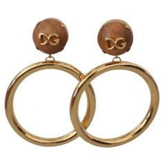 Dolce & Gabbana Gold Metal Bras Hoop Earrings With Wooden Clip On DG Logo