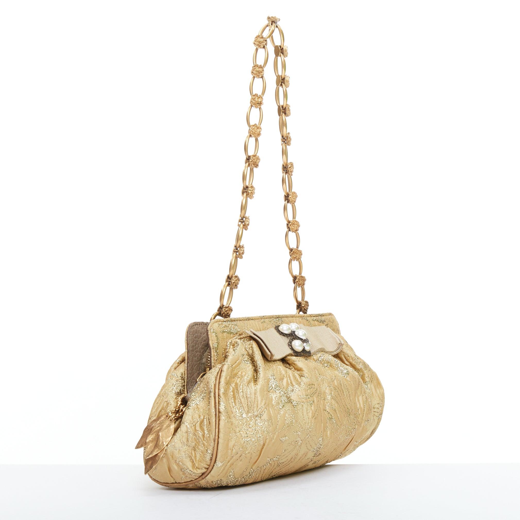 DOLCE GABBANA gold metallic floral jacquard rosette chain shoulder bag Oro en venta