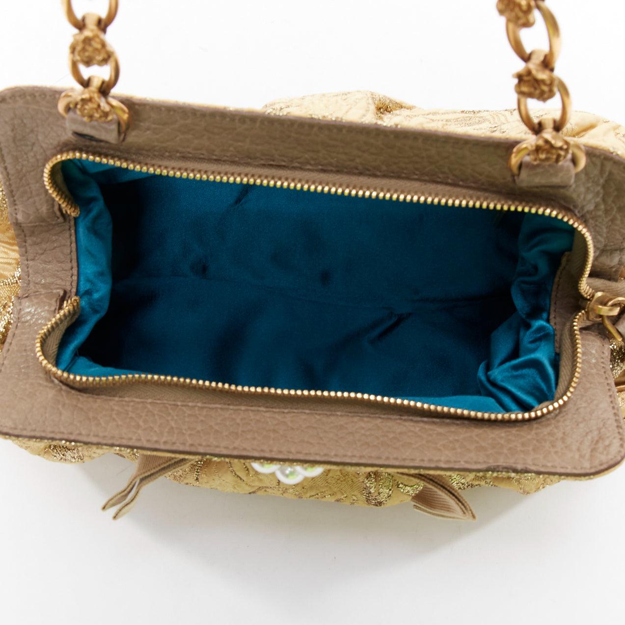 DOLCE GABBANA gold metallic floral jacquard rosette chain shoulder bag en venta 4