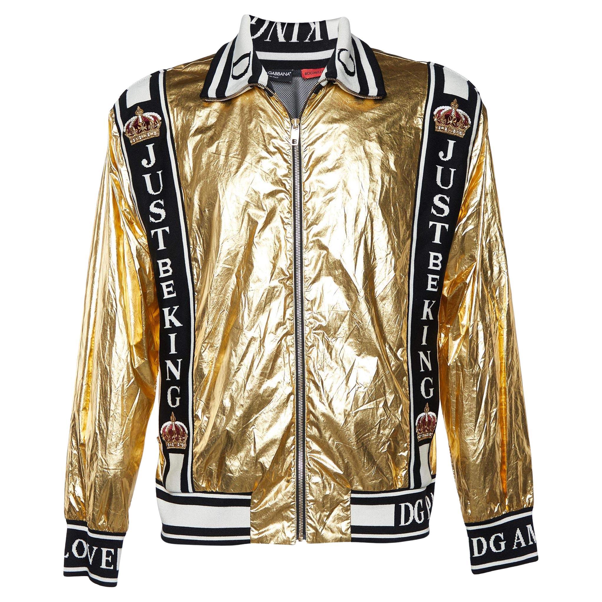 Dolce & Gabbana Gold Metallic 'Just Be King' Foil Bomber Jacket L