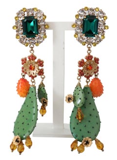 Dolce & Gabbana Gold Multicolor Brass Crystal Cactus Clip-on Drop Earrings Green