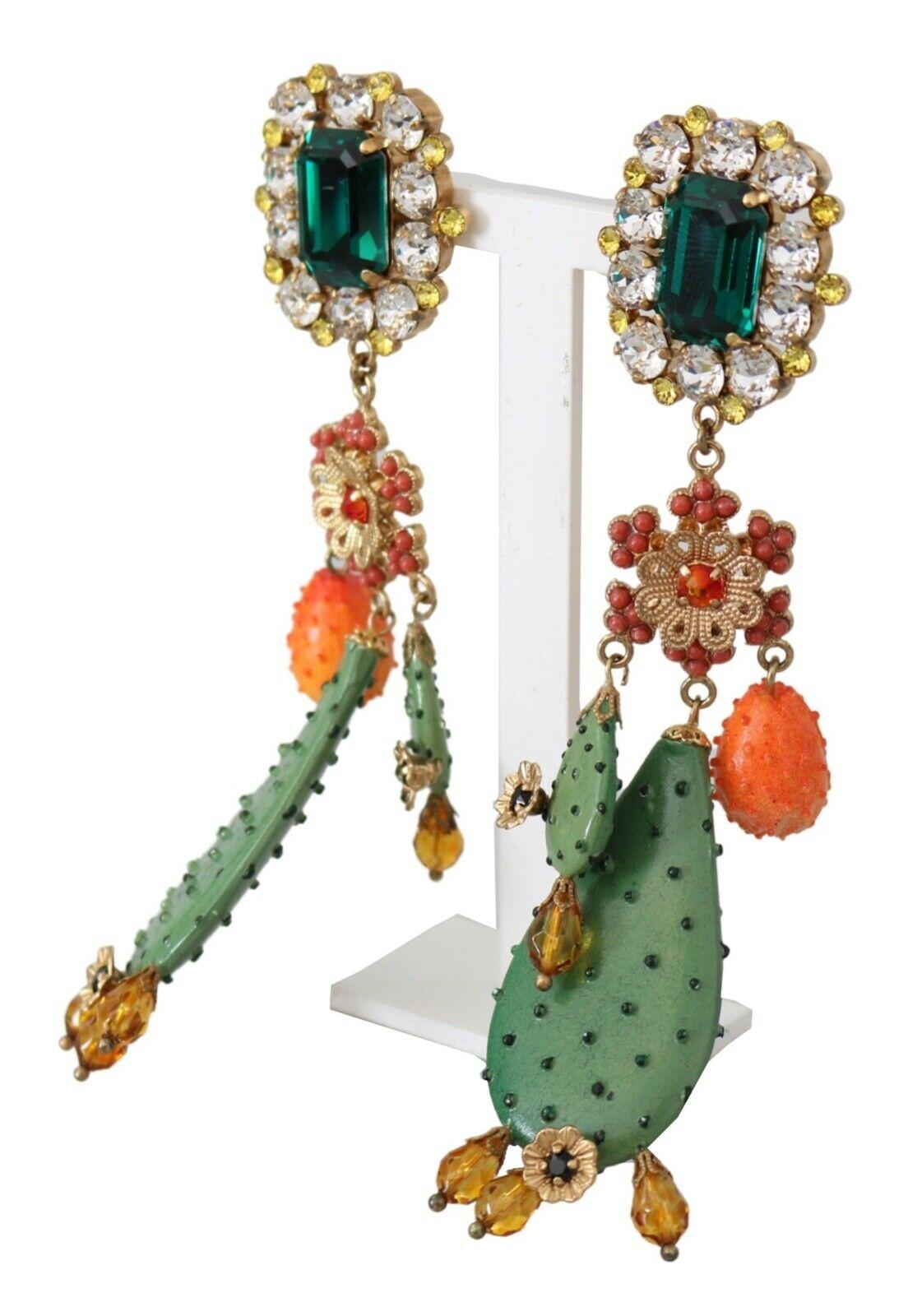 Modern Dolce & Gabbana Gold Multicolor Brass Crystal Cactus Clip-on Drop Earrings Green