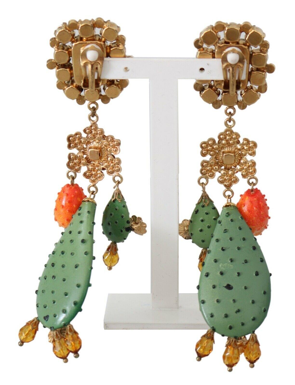 Dolce & Gabbana Gold Multicolor Brass Crystal Cactus Clip-on Drop Earrings Green In New Condition In WELWYN, GB