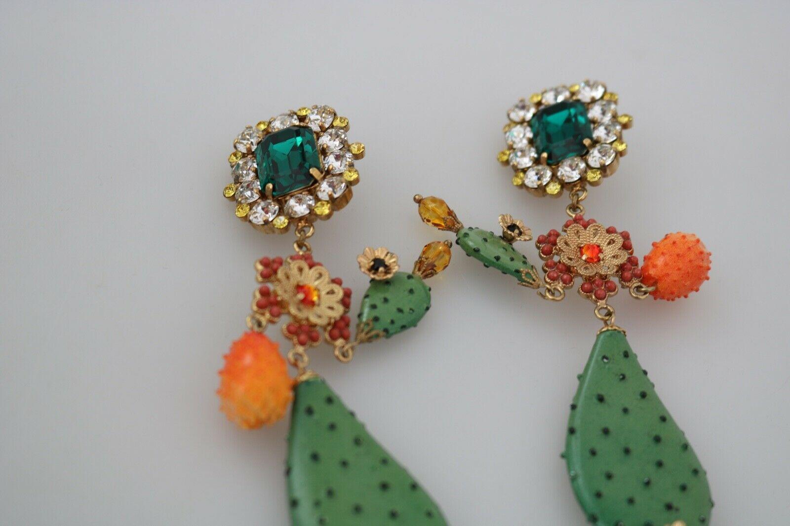 Dolce & Gabbana Gold Multicolor Brass Crystal Cactus Clip-on Drop Earrings Green 1